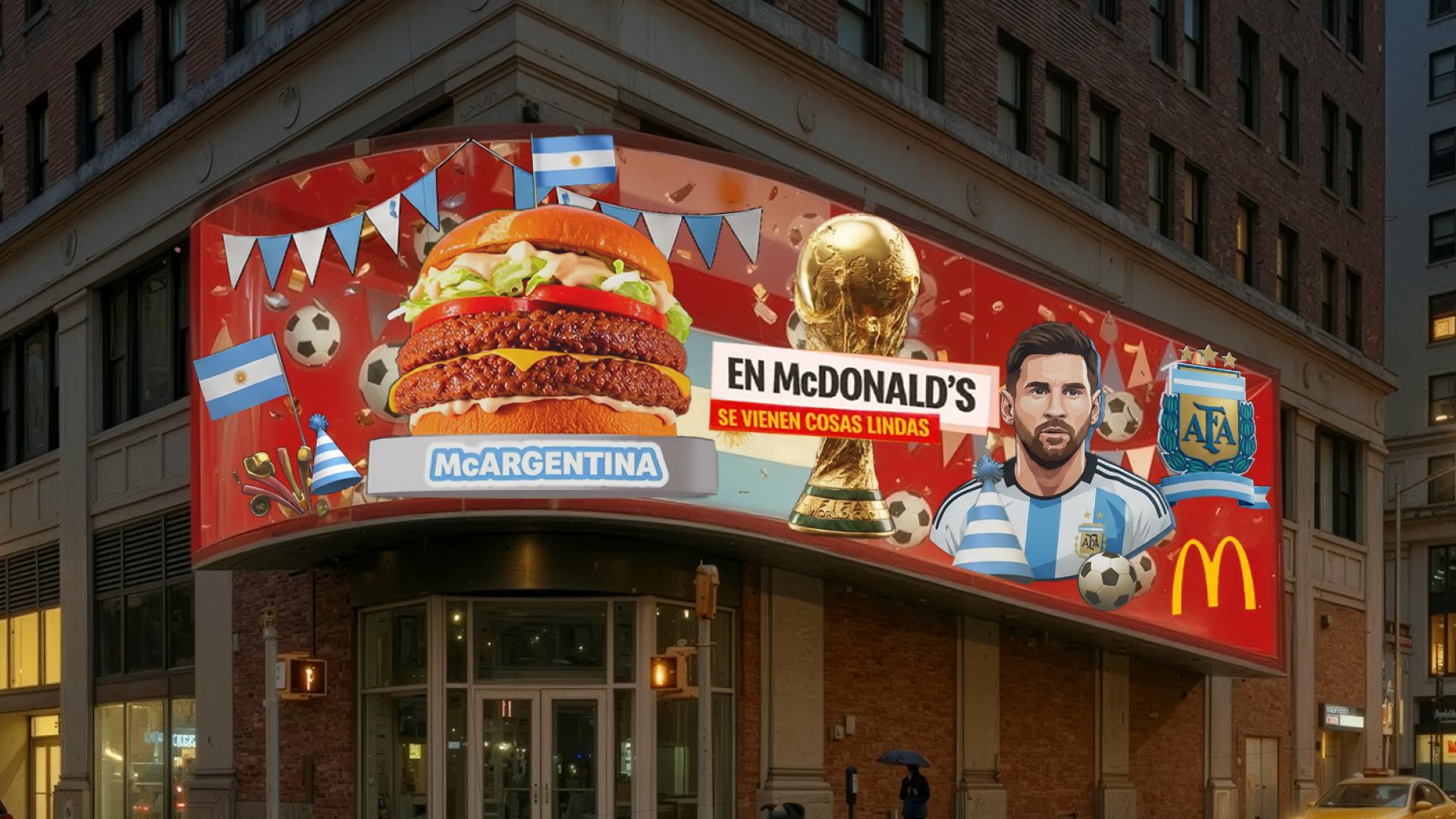 Pantalla curva en esquina con anuncio 3D de McDonald's