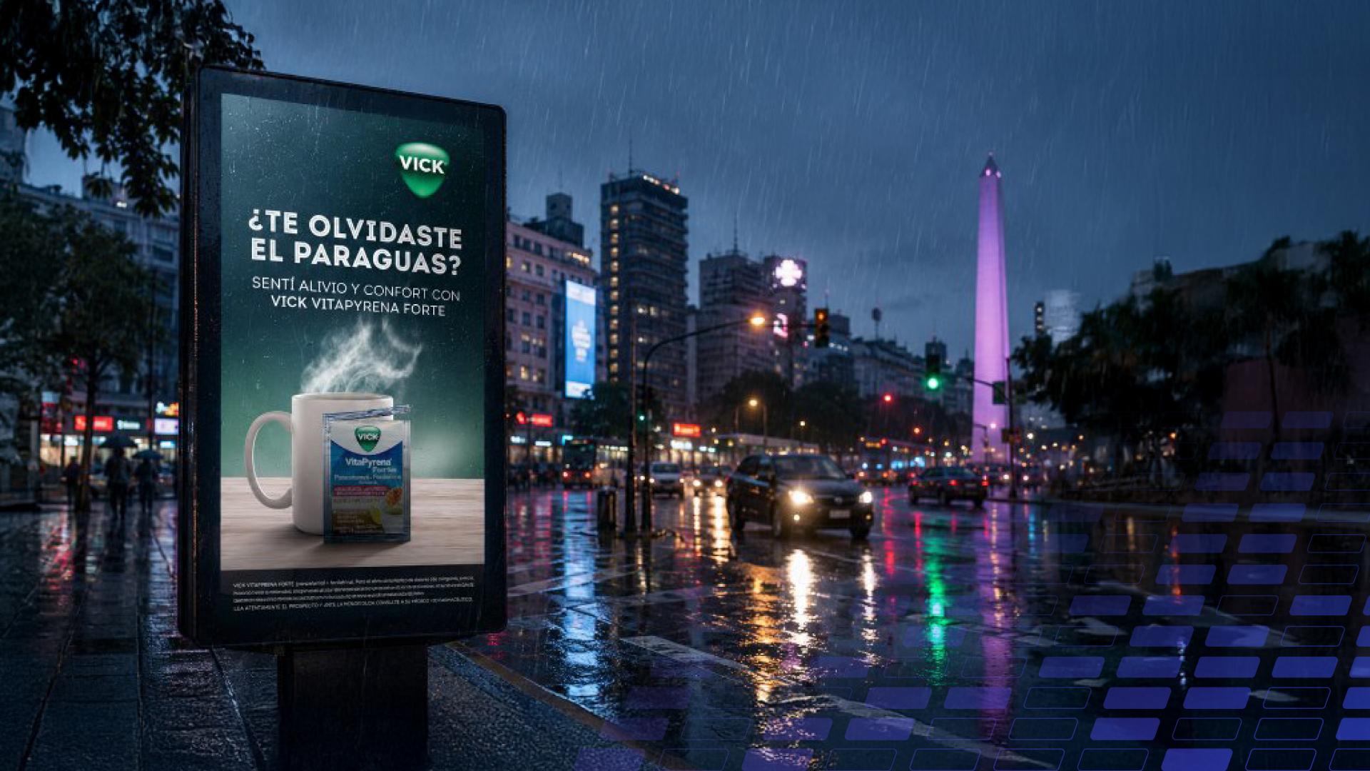 Pantalla de Vick en una calle de Buenos Aires con lluvia