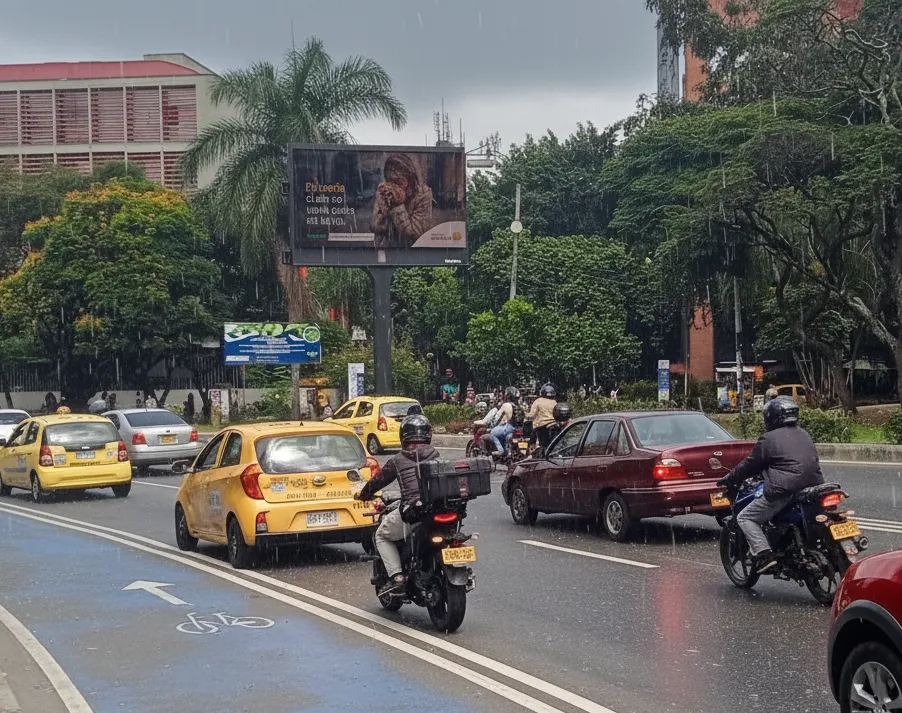 Cartelera digital de Seguros Bolívar en la calle, en un día de lluvia